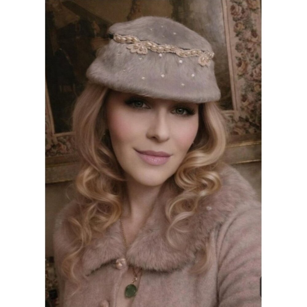GAGE ORIGINAL Vintage Angora Fur Hat Pearl Beaded Rhinestone Embellished Cloche